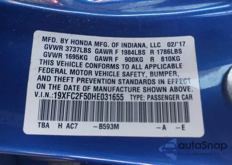 2017 Honda Civic Lx from USA, damaged, VIN 19XFC2F50HE031655